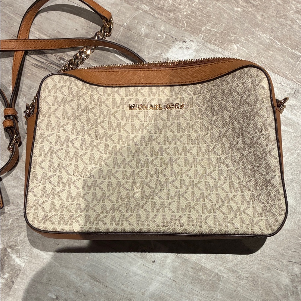 Michael Kors Tan and Cream Logo Crossbody Bag
